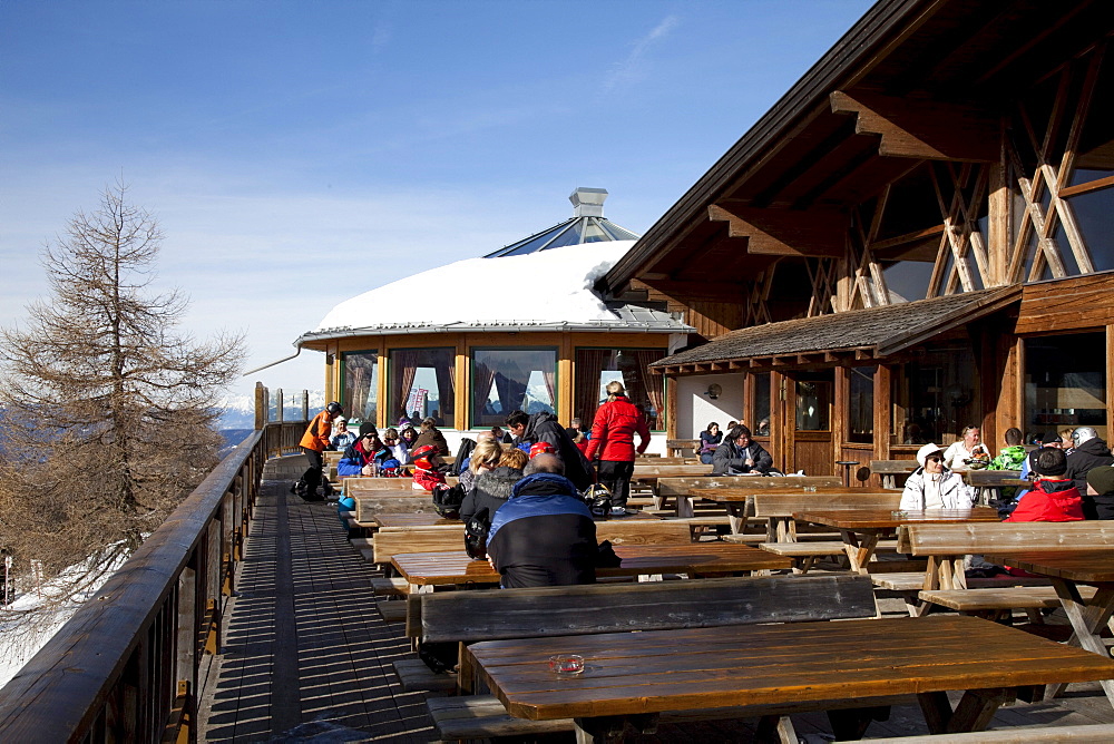 Helm Restaurant, 2060m, Helm mountain, Sexten Dolomites nature reserve, Vierschach, Sextental valley, province of Bolzano-Bozen, Italy, Europe