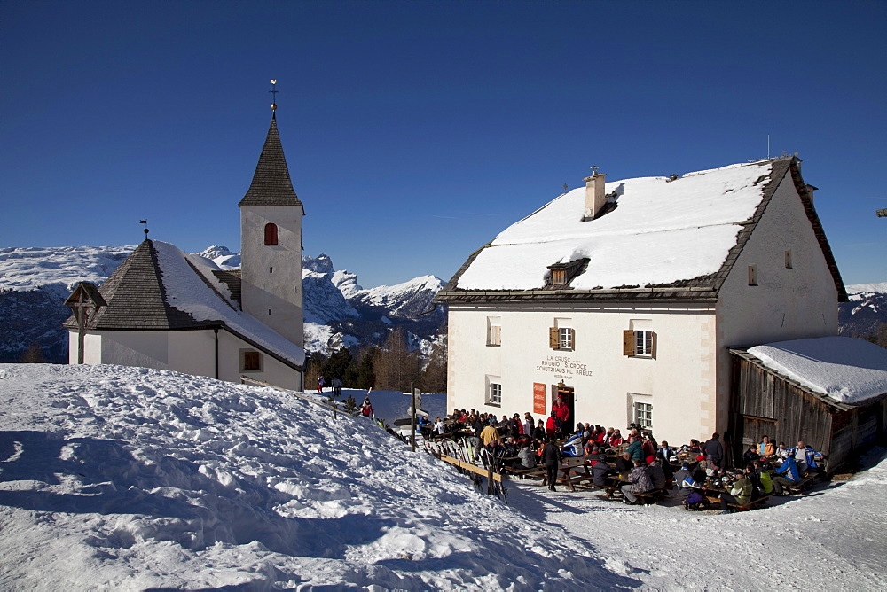 Sanctuary and refuge Heiliges Kreuz, 2045m, restaurant, Fanes mountains, Fanes-Sennes-Prags Nature Park, Val Badia, Alta Badia, Dolomites, South Tyrol, Italy, Europe