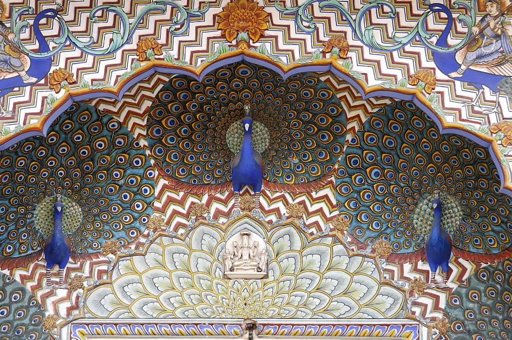 Ornate Peacock Gate in the City Palace, blue peacocks, Jaipur, Rajasthan, India, Asia