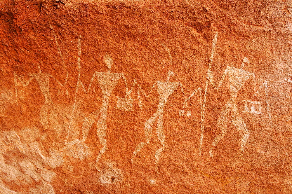 Painted warriors, neolithic rock art of the Tadrart, Tassili n'Ajjer National Park, Unesco World Heritage Site, Algeria, Sahara, North Africa