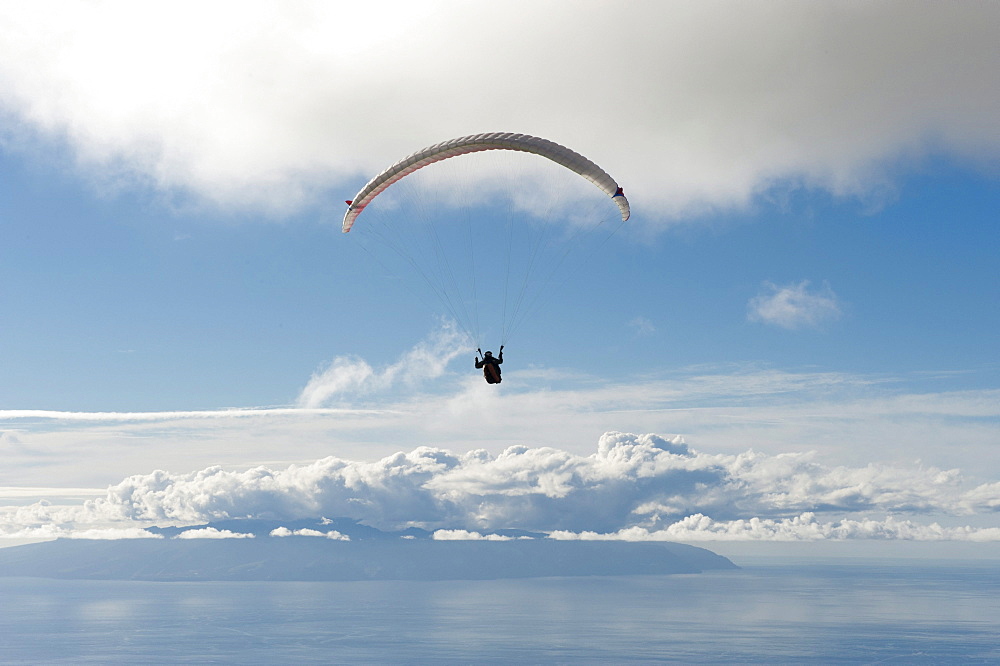 Aerial view, paragliding, free gliding, Atlantic ocean, Island of Gomera, Tenerife, Spain, Europe