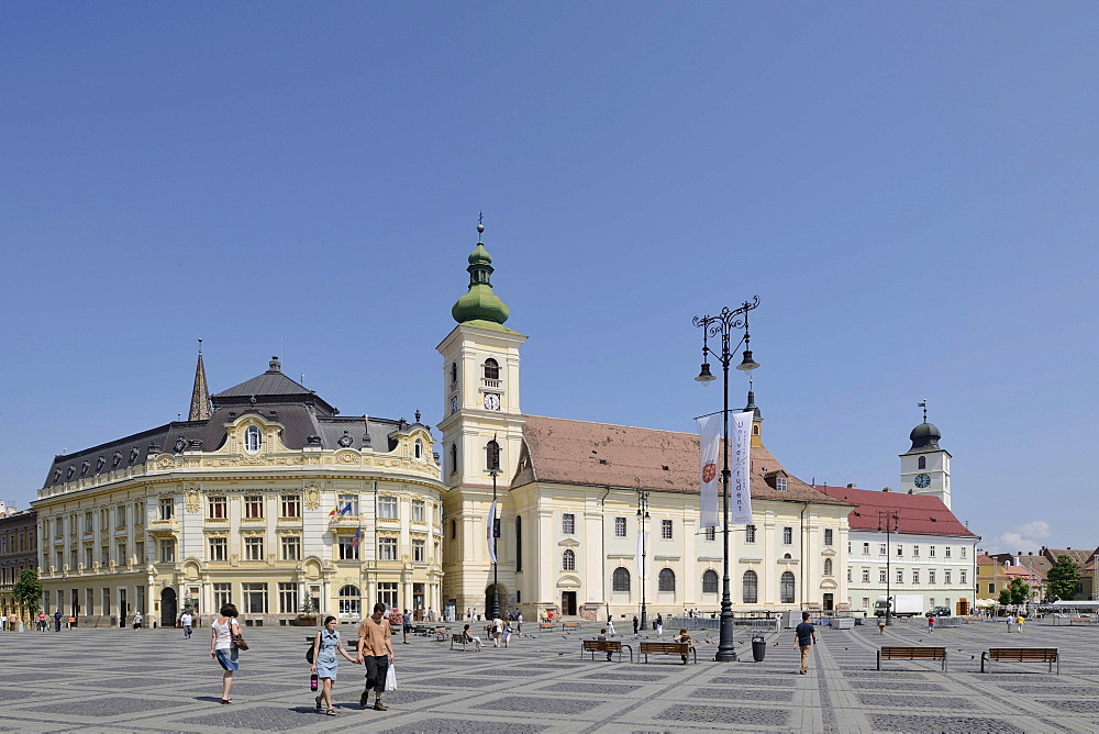 Piata Mare Square with the Catholic Church, Sibiu, Romania, Europe