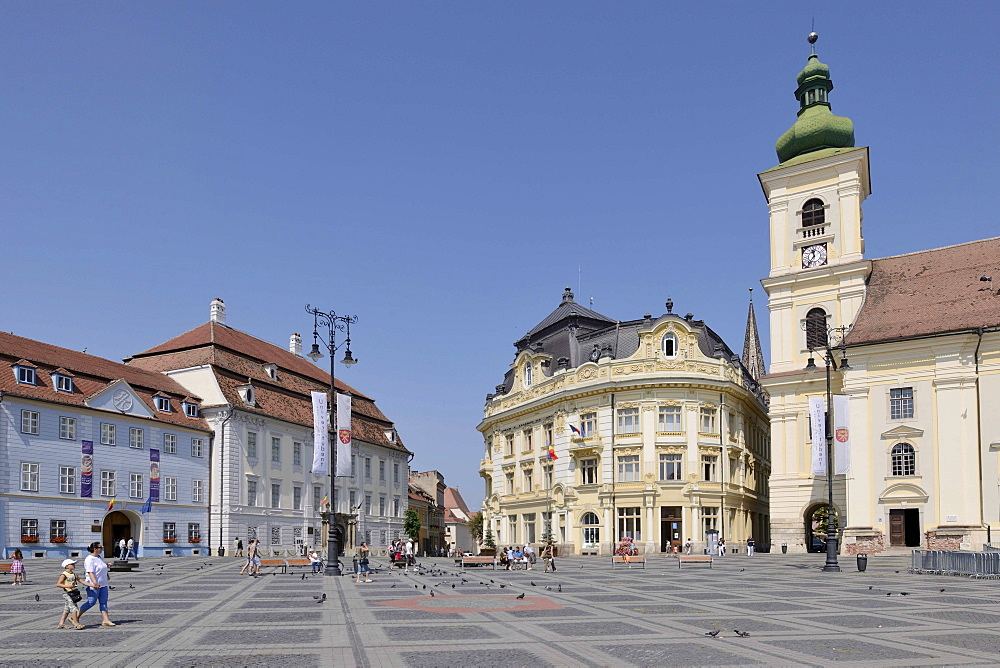 Piata Mare Square with the Catholic Church, Sibiu, Romania, Europe