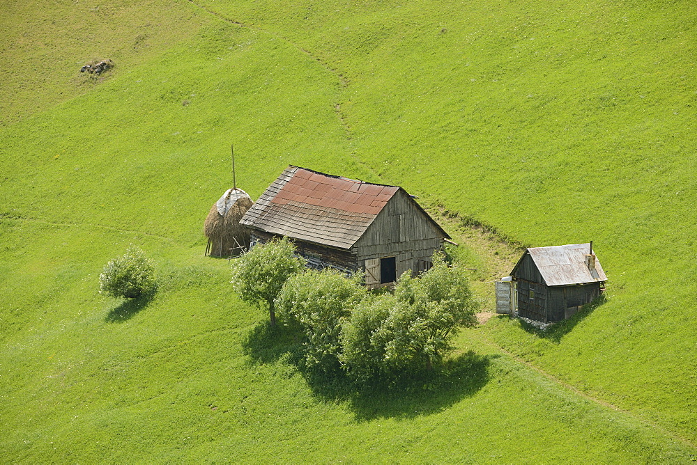 Single farm surrounded by meadows, dispersed settlement Magura, Piatra Craiului Mountains, Romania, Europe