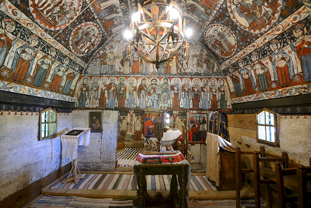 Frescoes in a wooden church, Astra open-air museum, Sibiu, Romania, Europe