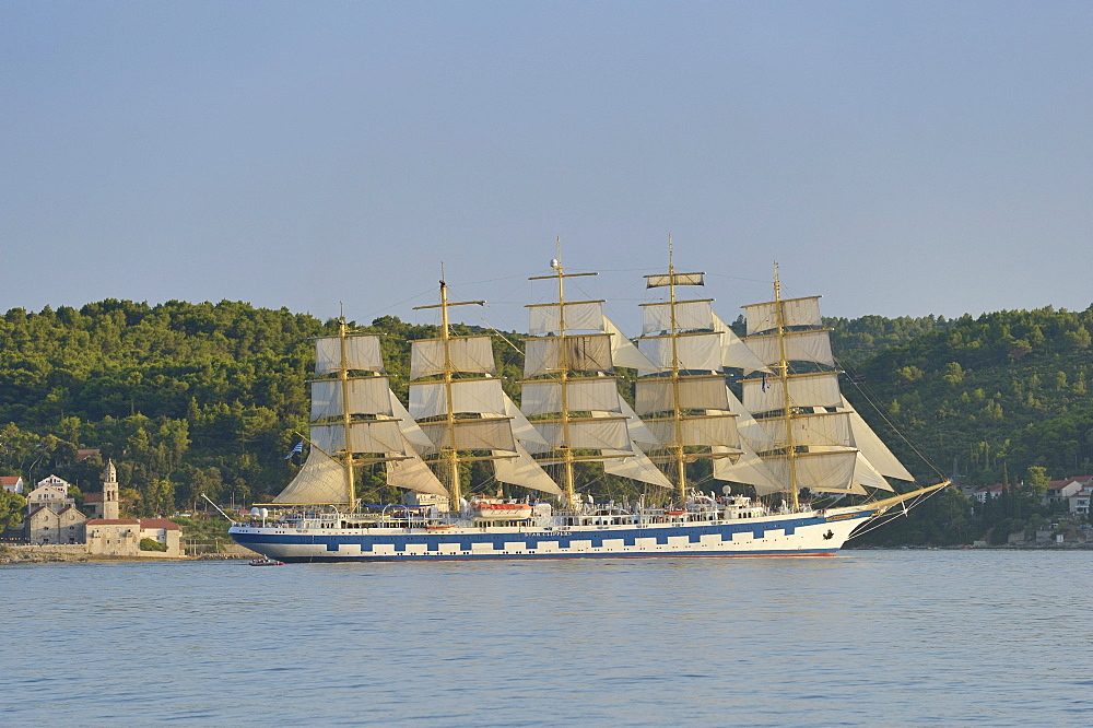 5 masted sailing cruise ship, Royal Clipper, off the island of Korcula, Peljesac Peninsula, Croatia, Europe