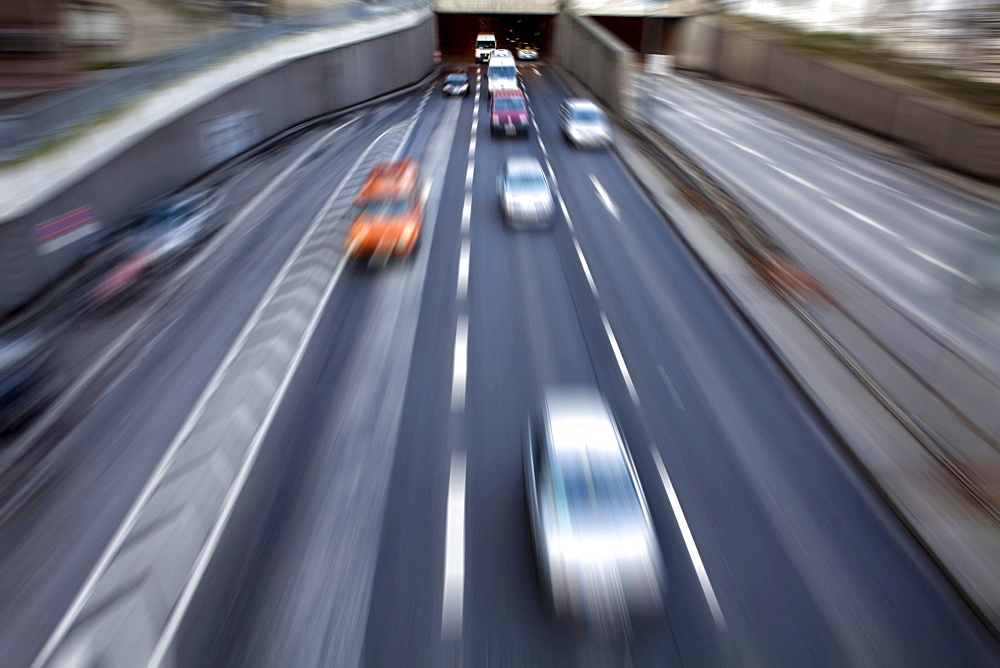 Car traffic on Rheinuferstrasse street, Rheinufertunnel, Rhineshore Tunnel, Cologne, North Rhine-Westphalia, Germany, Europe