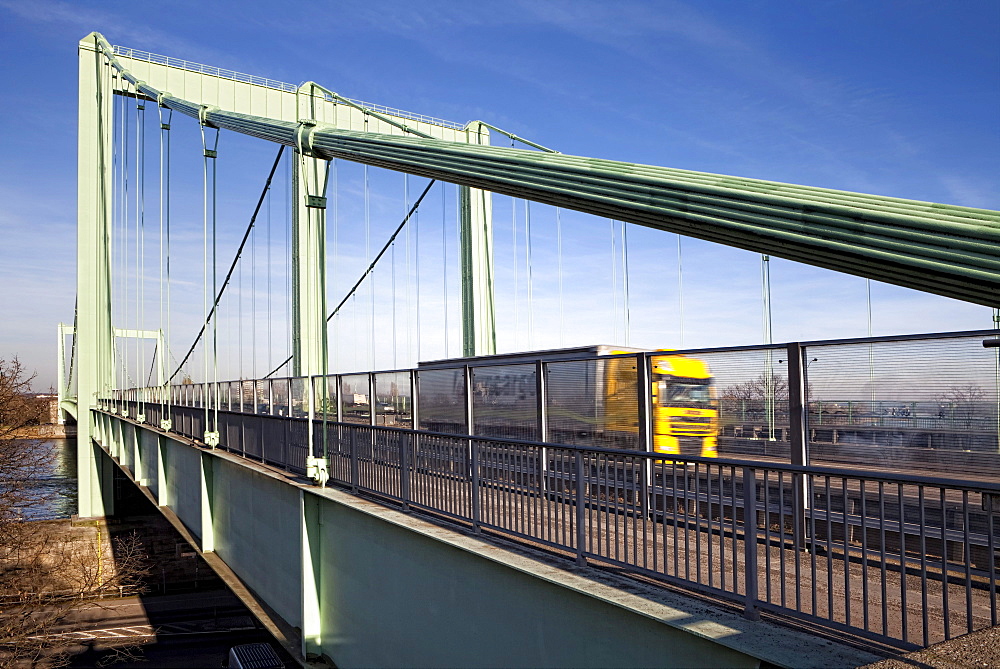 Pedestrian and bicycle path on the Rodenkirchen Rheinbruecke highway bridge over the Rhine, Rodenkirchen, Cologne, North Rhine-Westphalia, Germany, Europe