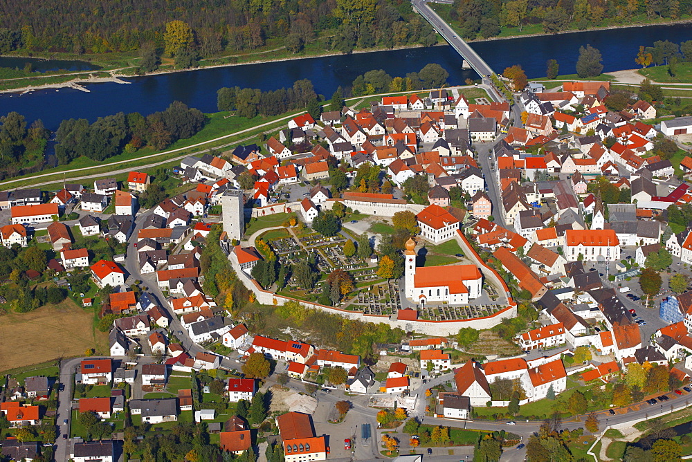 Aerial view, Vohburg an der Donau, Danube river, Hollerdau, Bavaria, Germany, Europe