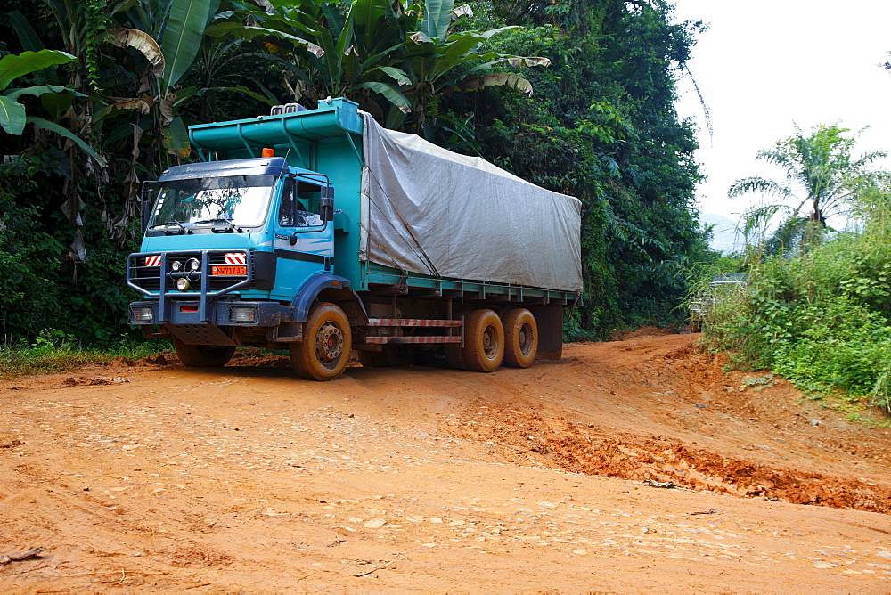 Truck driving on a road through the jungle, Bamenda, Cameroon, Africa