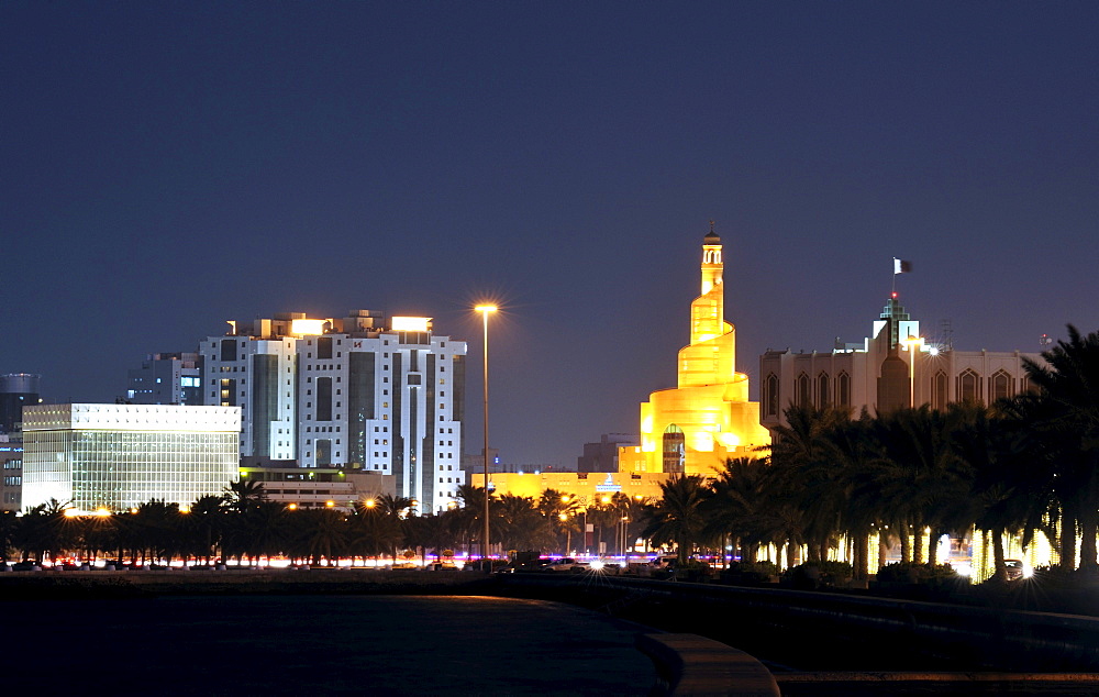 Evening mood, spiral-shaped tower of Fanar, Qatar Islamic Cultural Center, Doha, Qatar, Arabian Peninsula, Persian Gulf, Middle East, Asia