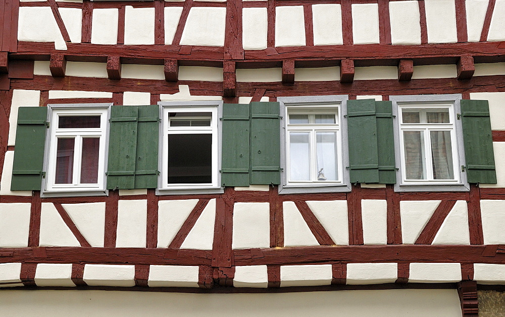 Half-timbered facade with windows, detail, Brackenheim, Zabergaeu, Baden-Wuerttemberg, Germany, Europe