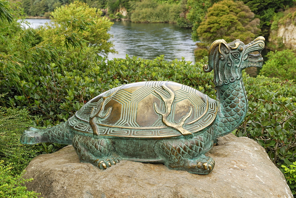 Bronze turtle, mythical creatures, Japanese Garden of Contemplation, Hamilton Gardens on the Waikato River, Hamilton, North Island, New Zealand