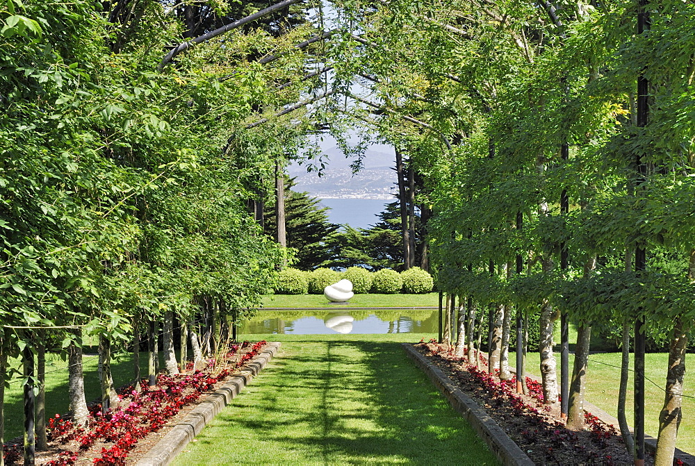 Pergola with fruit trees, view on Dunedin in the back, Larnach Castle, Otago Peninsula, Dunedin, South Island, New Zealand