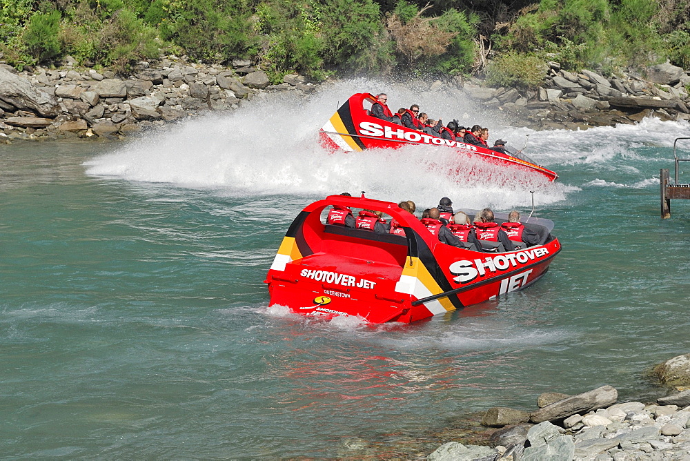 Jet boats, speed boats on the Shotover River, Queenstown, South Island, New Zealand