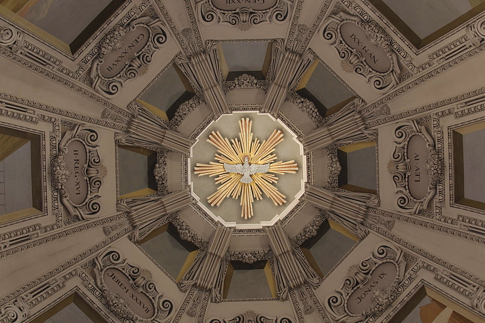 View of the main tower of Salzburg Cathedral, the central white dove as a symbol of the Holy Spirit, Salzburg, Austria, Europe