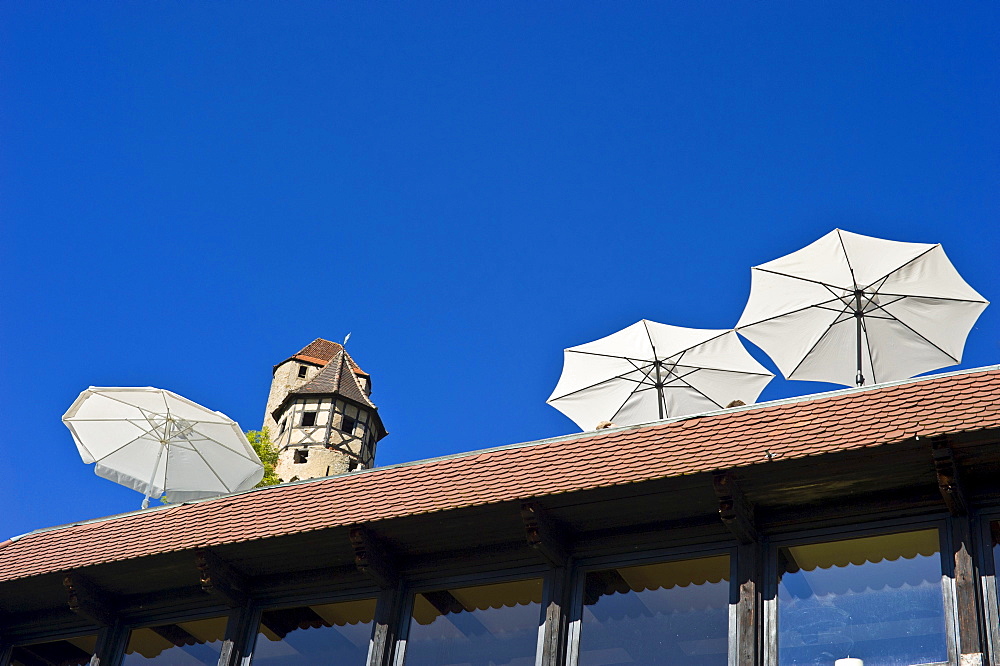 Restaurant terrace, Burg Hornberg castle, Neckarzimmern, Neckartal, Baden-Wuerttemberg, Germany, Europe