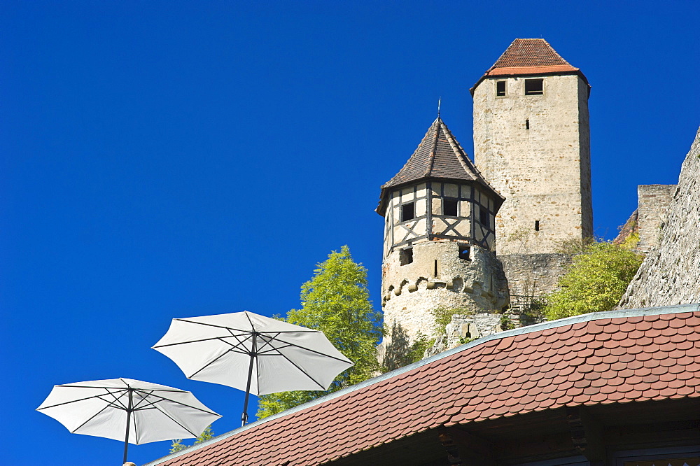 Restaurant terrace, Burg Hornberg castle, Neckarzimmern, Neckartal, Baden-Wuerttemberg, Germany, Europe