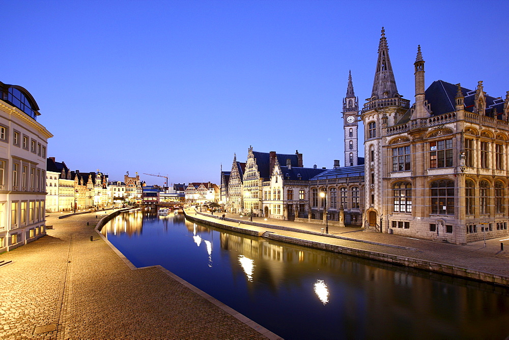 Leie River, view of the historic district, the former post office on the right, Ghent, East Flanders, Belgium, Europe