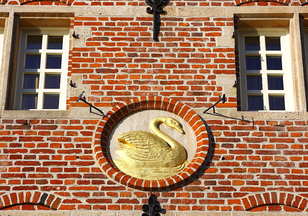 Golden Swan on a house facade, old town, Ghent, East Flanders, Belgium, Europe