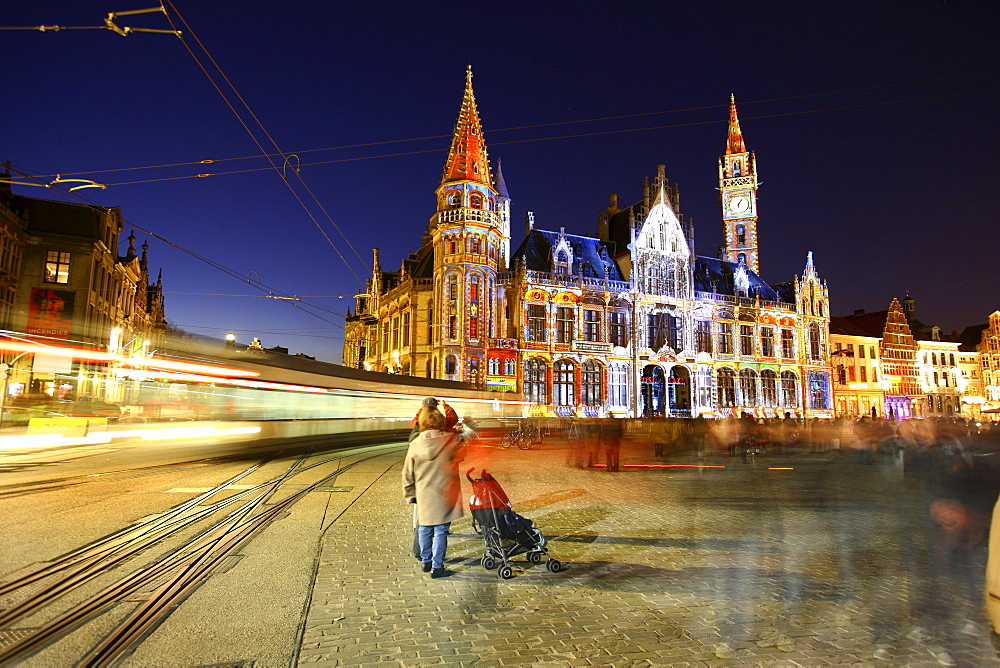 Moving projections on the Post Plaza at Korenmarkt square, Lights Festival Ghent, East Flanders, Belgium, Europe