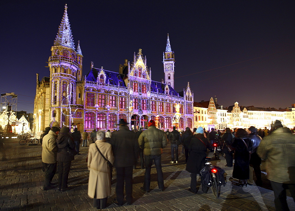 Moving projections on the Post Plaza building on Korenmarkt square, Ghent Light Festival, East Flanders, Belgium, Europe