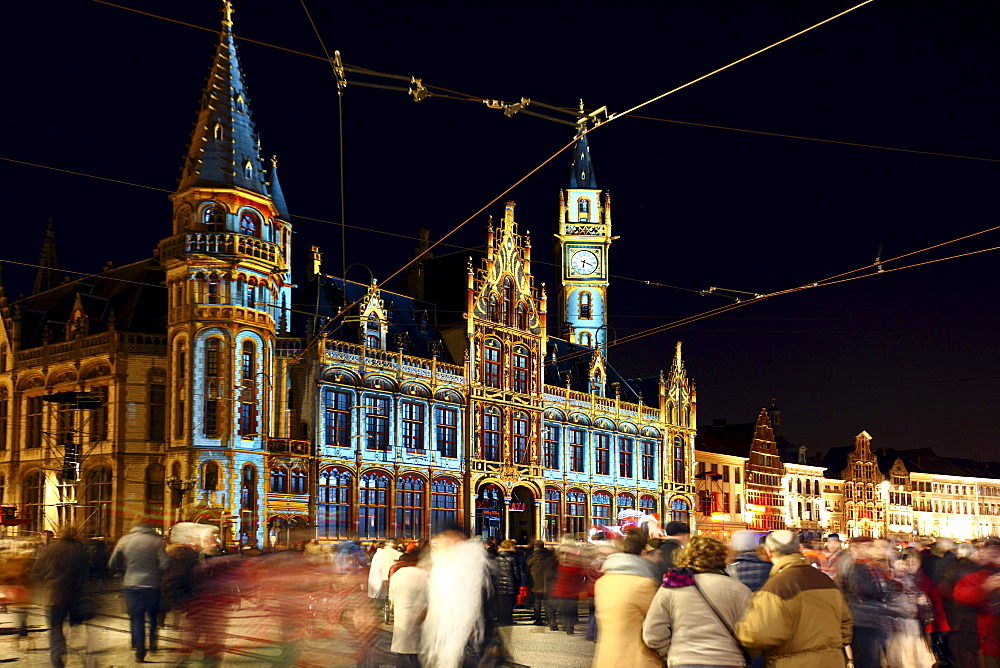 Moving projections on the Post Plaza building on Korenmarkt square, Ghent Light Festival, East Flanders, Belgium, Europe