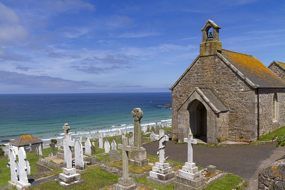 Old cemetery in front of Porthmeor Beach, St Ives, Cornwall, England, United Kingdom, Europe