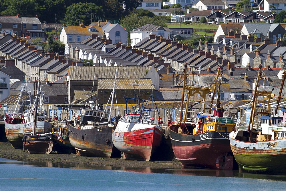 Fishing boats on dry land in the port of Newlyn, Cornwall, England, United Kingdom, Europe