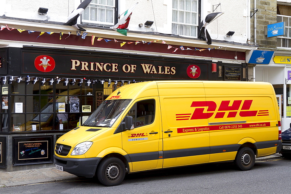 DHL van in front of the Prince of Wales pub, Falmouth, Cornwall, England, United Kingdom, Europe