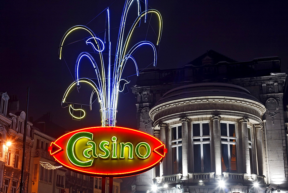 Neon sign with the lettering "Casino", gambling casino in the health spa complex, Ardennes region, Liege province, Wallonia region, Belgium, Benelux, Europe