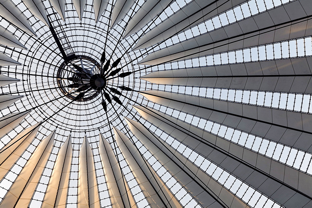 Huge, fanned tent roof, spectacular roof structure at the Sony Center, Potsdamer Platz, Berlin, Germany, Europe