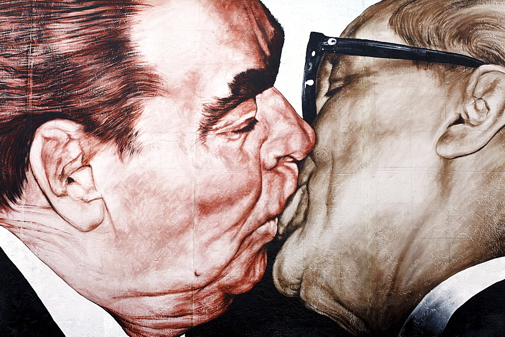 Brotherly kiss, Brezhnev kissing Honecker, painting by Dimitri Wrubel, Dmitri Vrubel, on the remants of the Berlin Wall, East Side Gallery, Friedrichshain district, Berlin, Germany, Europe