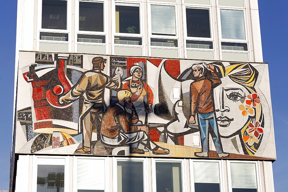 Monumental mosaic frieze, Haus des Lehrers building, Berliner Congress Center, BCC, Alexanderplatz square, Mitte district, Berlin, Germany, Europe