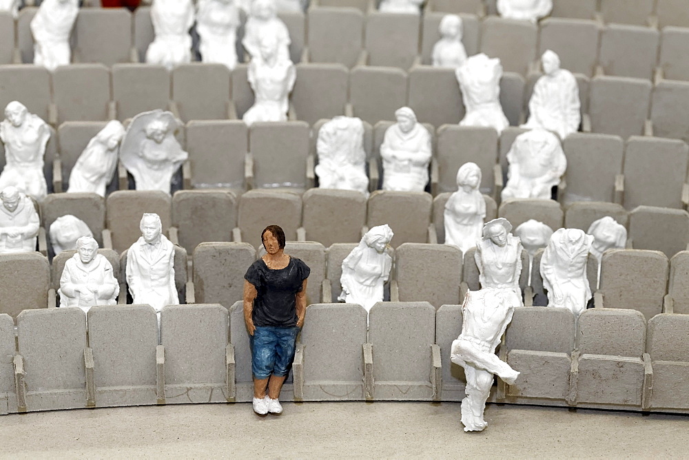 Miniature replica of rows of seats in a theatre with small figures, exhibition of student works, Kunstakademie Duesseldorf arts academy, North Rhine-Westphalia, Germany, Europe