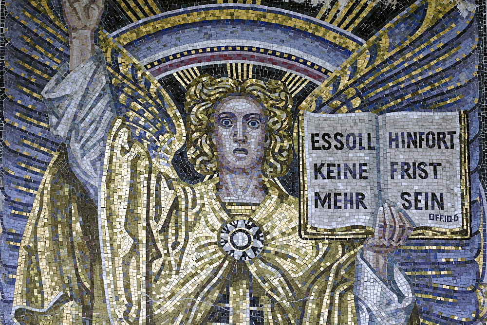 Angel with open Bible, Byzantine style mosaic, historical part of the Nordfriedhof cemetery, Duesseldorf, North Rhine-Westphalia, Germany, Europe