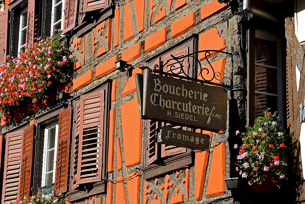 Butcher's shop, hanging sign, Ribeauville, Alsace Wine Route, France, Europe