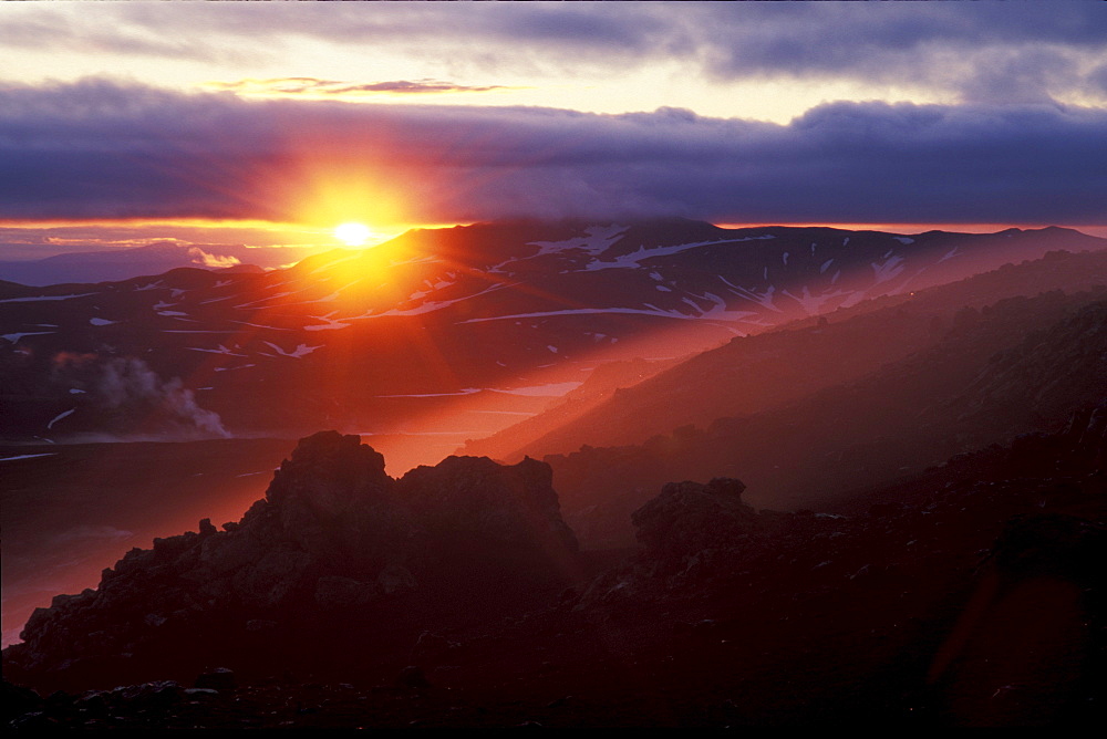 Sunset on Hrafntinnusker mountain, Laugavegur hiking trail, Fjallabak Nature Reserve, Highlands of Iceland, Europe