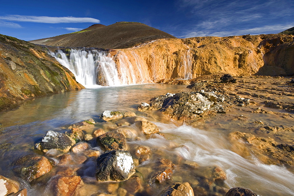 Bicolored waterfall near Hauhverir, Fjallabak Nature Reserve, Highlands of Iceland, Iceland, Europe