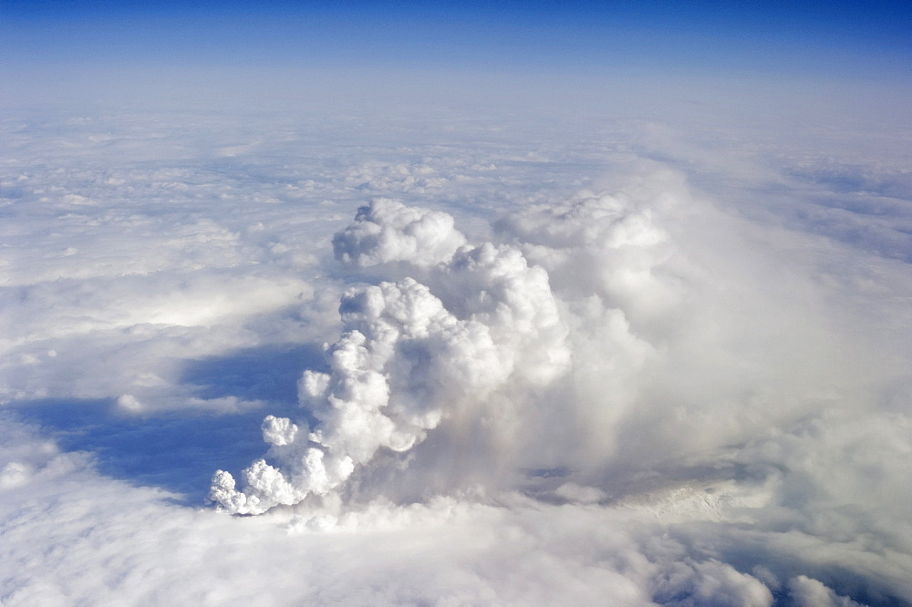 Ash cloud of the Eyjafjallajoekull volcano on the first day of the eruption, aerial view, Iceland, Europe