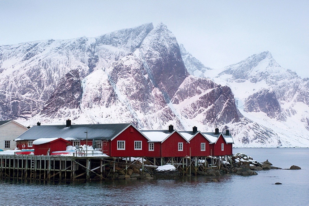 Traditional wooden houses, Rorbuer, in Reine, Moskenes, Moskenesoya, Lofoten, Norway, Europe