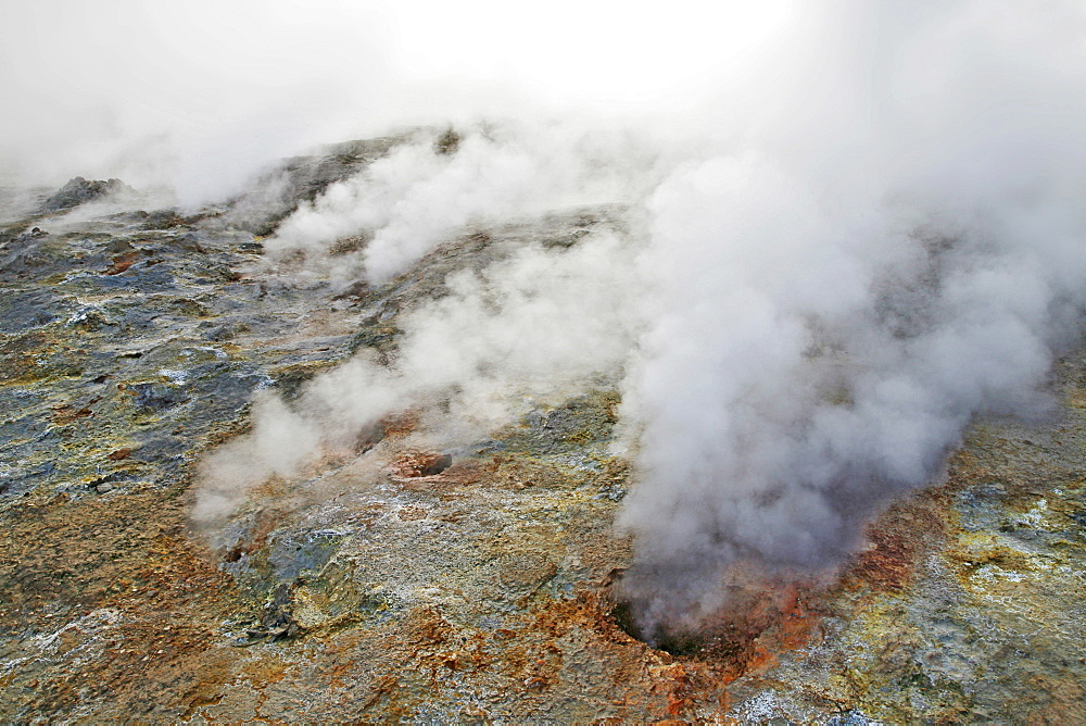 Geothermal region of Gunnuhver in southern Iceland with steam from the countless holes and fractures in the earth's crust, Iceland, Europe