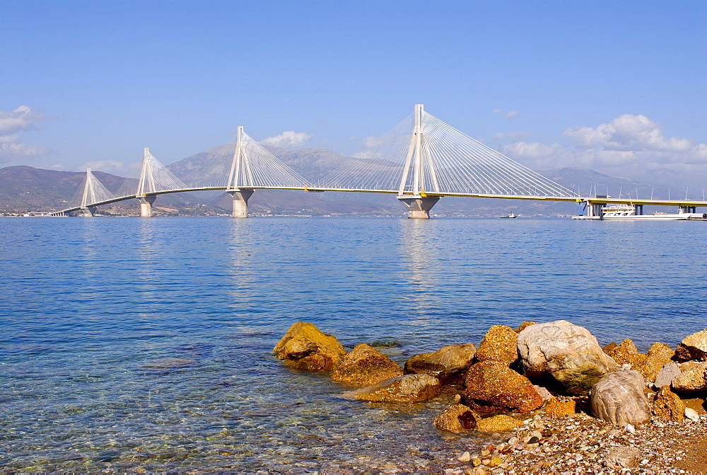 The Rio Andirrio bridge connecting the Peloponnese with mainland Greece, Gulf of Corinth, Greece, Europe