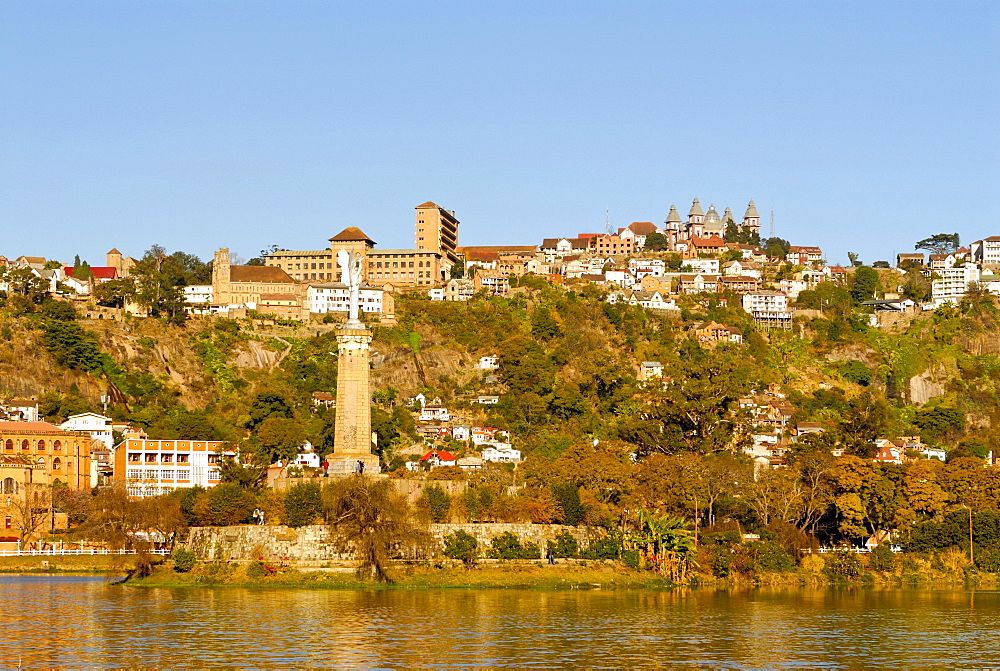 Anosy Lake, behind the historic district of Antananarivo, capital of Madagascar, with the Rova of Antananarivo, a royal palace complex, Madagascar, Africa