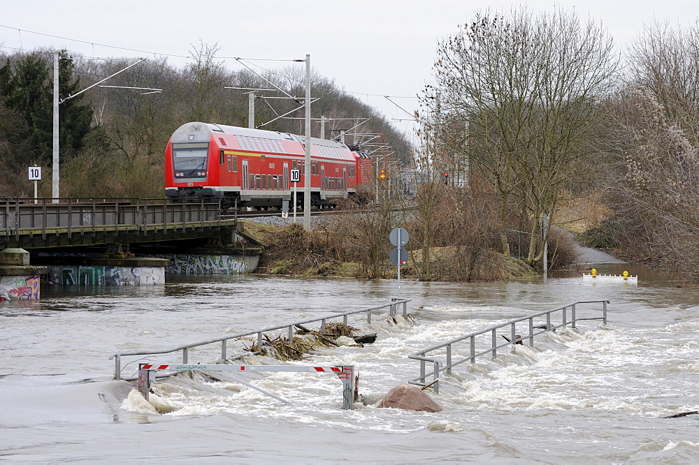 High waters near a railway embankment, Leipzig, Saxony, Germany, Europe