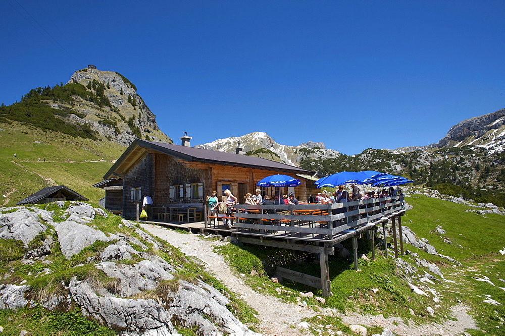 Alpine hut below Mt. Gschoellkopf in the Rofangebirge mountains near Achensee, Tyrol, Austria, Europe