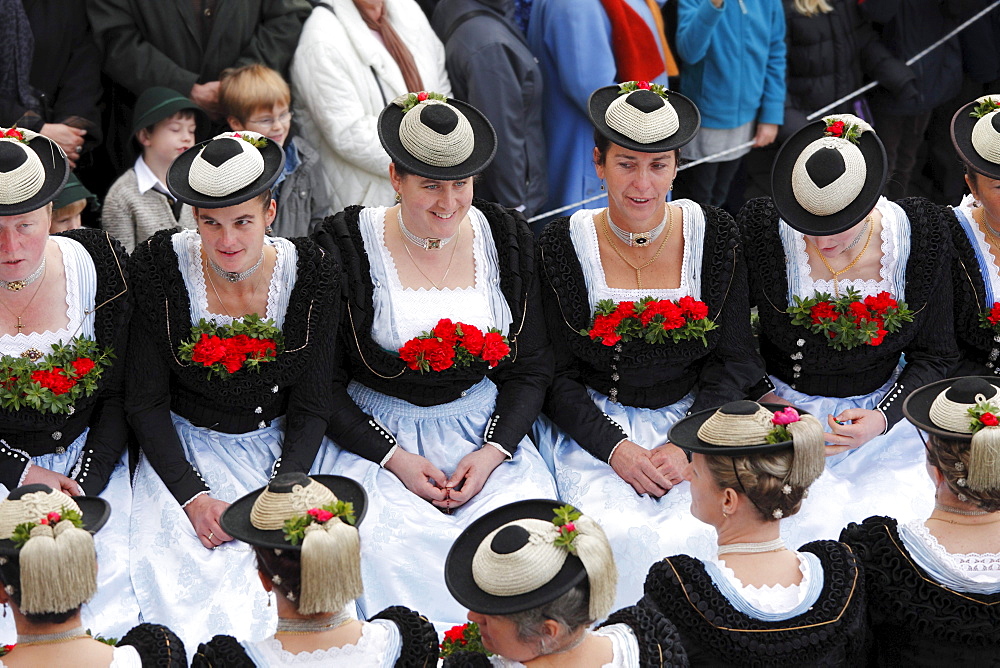 Women wearing traditional costume, Leonhardi procession, Bad Toelz, Isarwinkel, Upper Bavaria, Bavaria, Germany, Europe