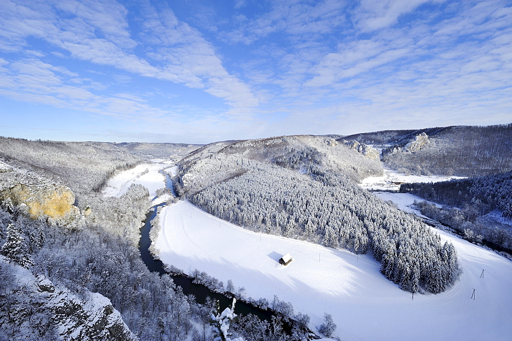 View over the wintry upper Danube valley near Beuron, Tuttlingen district, Baden-Wuerttemberg, Germany, Europe