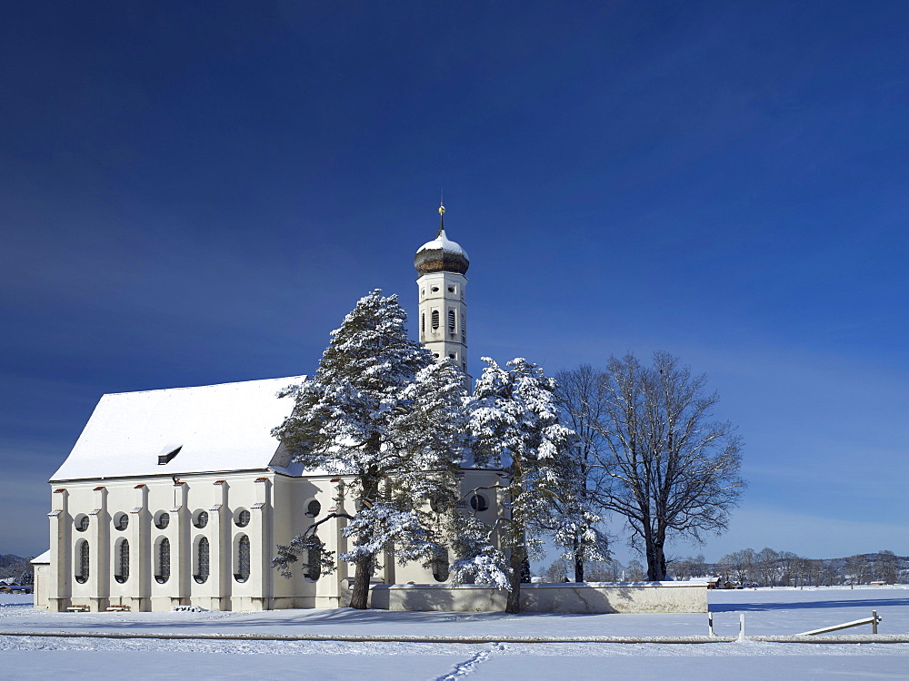 St Coloman's church near Schwangau in winter, Bavaria, Germany, Europe