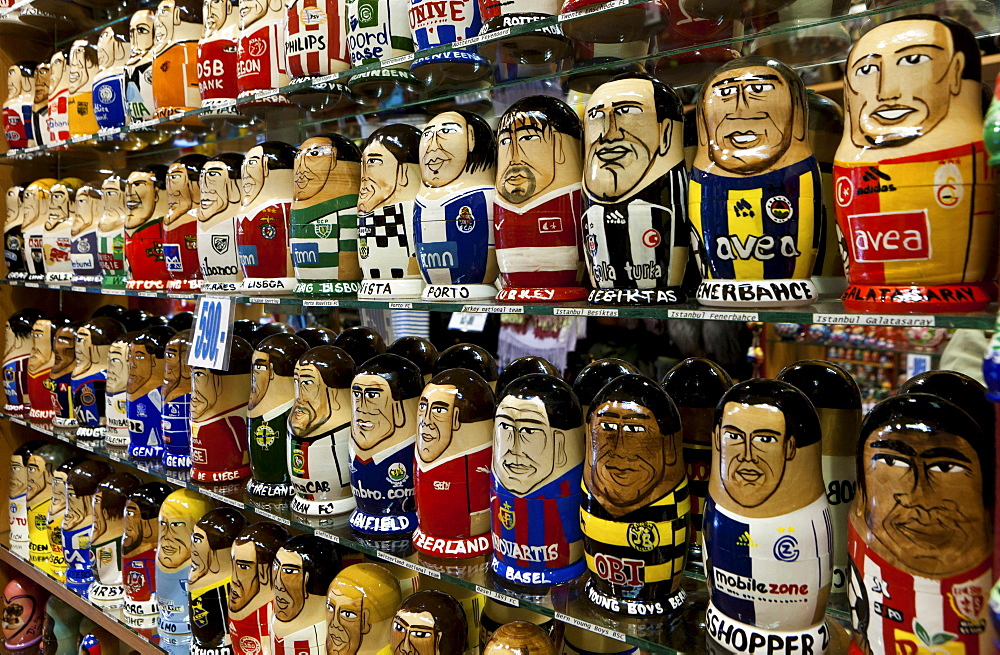 Figurines of football players, souvenir shop, Prague, Czech Republic, Europe